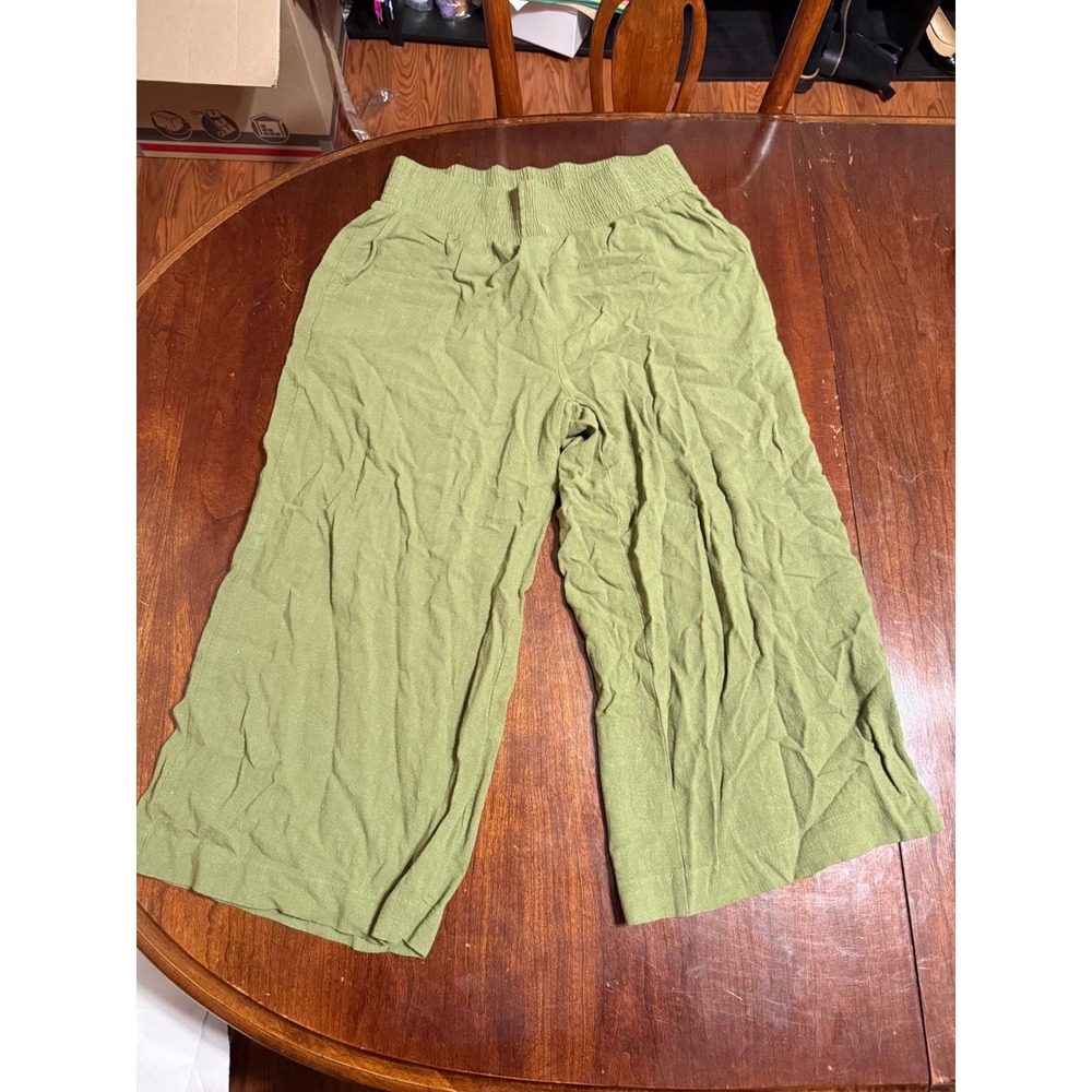 Double Zero Green Wide Leg Cropped Pants Smocked Waist Linen Blend Medium
